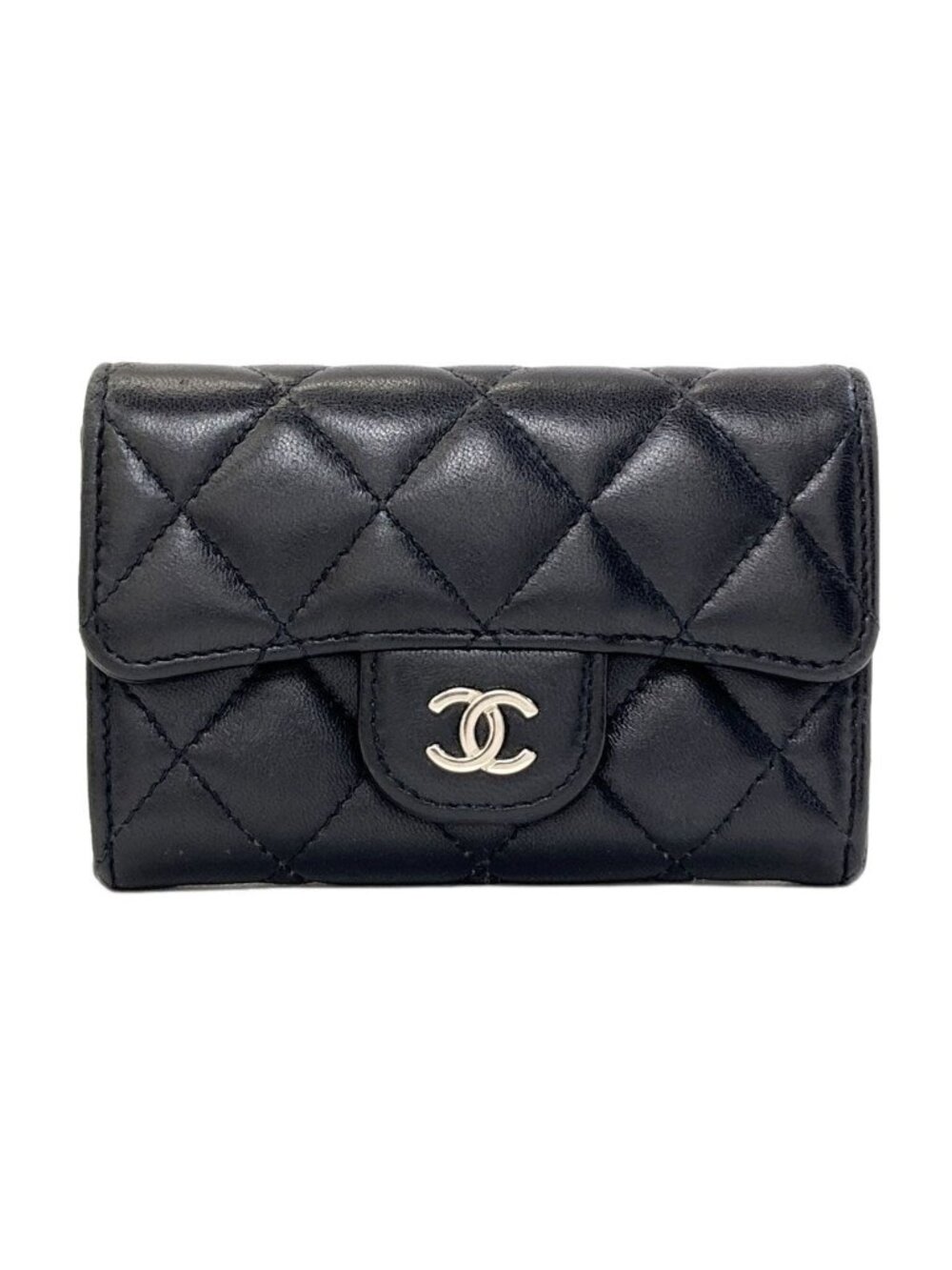 Chanel Quilted CC Logo Silver Card Case Lambskin
